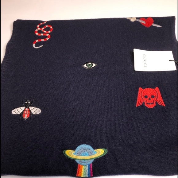 Gucci Unisex Embroidered Scarf Cashmere Wrap - Picture 1 of 7